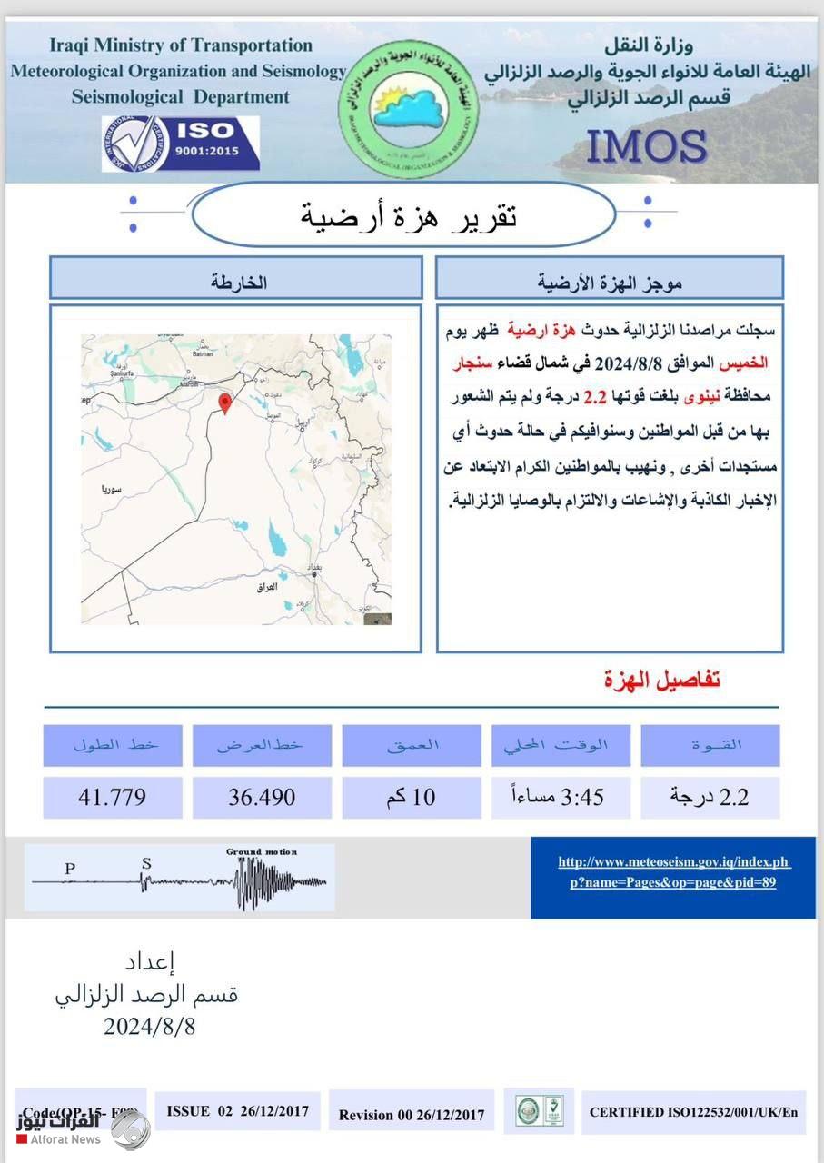 الرصد الزلزالي: هزة أرضية في قضاء سنجار بنينوى